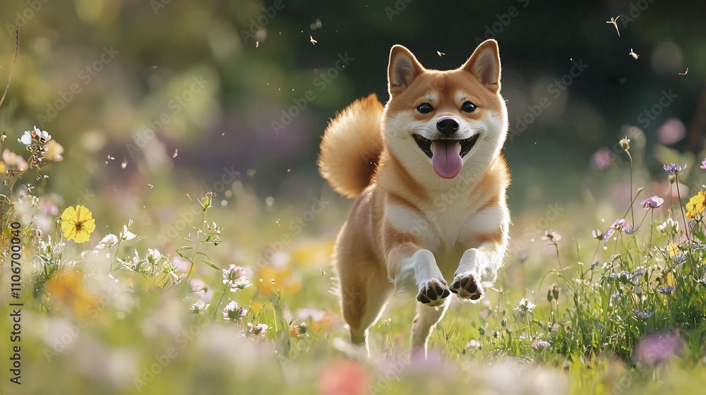 Joyful Shiba Inu Running Through a Wildflower Meadow Joyful Shiba Inu Running Through a Wildflower Meadow