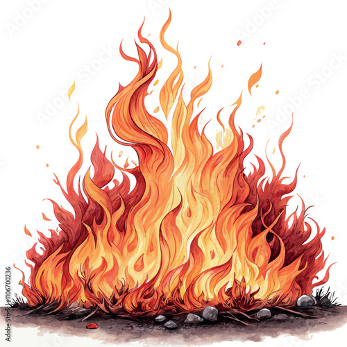 Flaming hot fire, burning or heating firing lines in realistic design. Bonfire or campfire backgrounds, orange fiery objects, glowing flare flaming explosions on black background