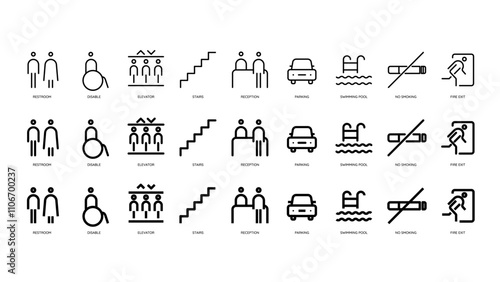 way finding line icon set. toilet, elevator, stair, reception symbols. Prohibition pictograms in linear style. Editable stroke. Vector graphics