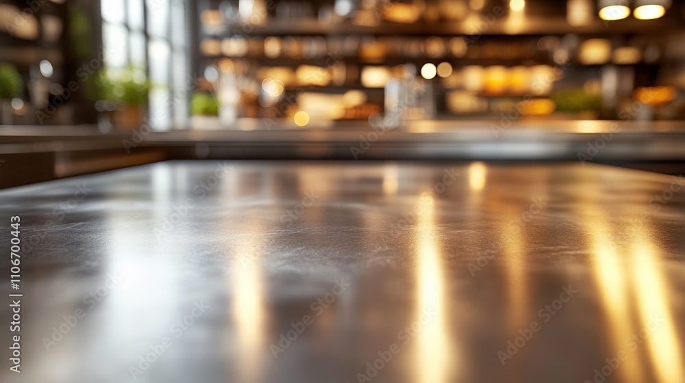 Close-up of a polished metal table surface in a modern cafe environment. Close-up of a polished metal table surface in a modern cafe environment.