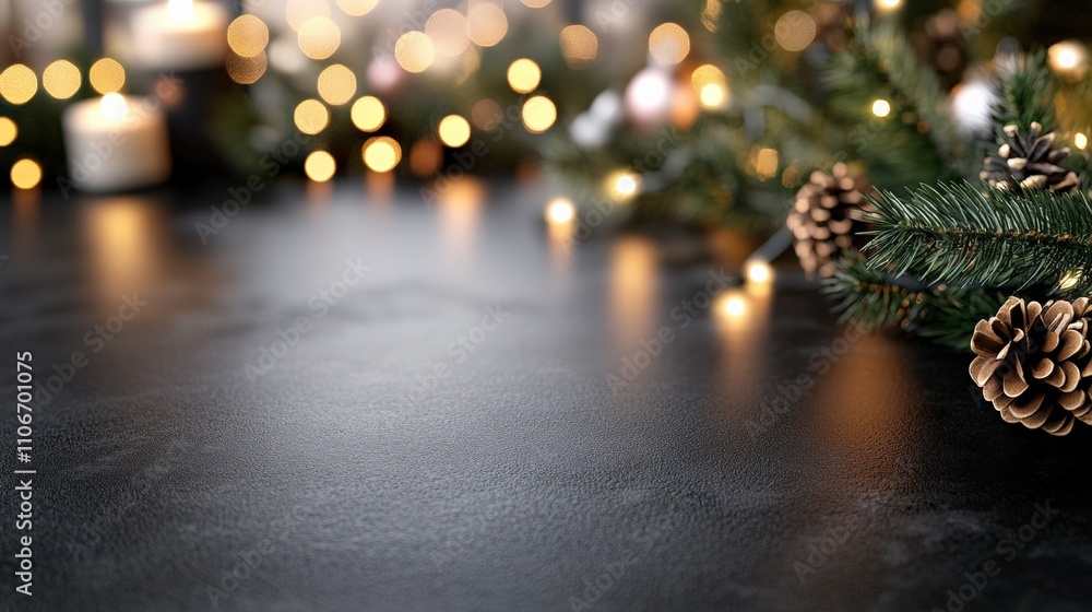 Festive holiday scene with pine cones and warm glow of fairy lights on a dark surface. Festive holiday scene with pine cones and warm glow of fairy lights on a dark surface.