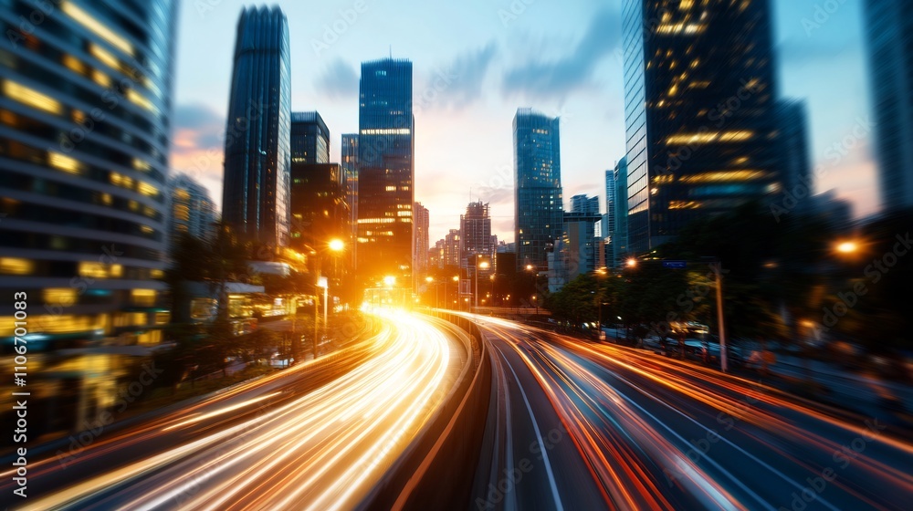 Night Traffic in a City with Skyscrapers and Blurred Lights Night Traffic in a City with Skyscrapers and Blurred Lights
