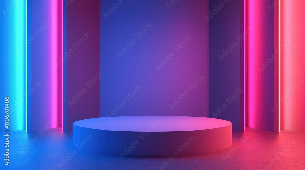 Minimalist Abstract Scene with Neon Lights and a Circular Platform Minimalist Abstract Scene with Neon Lights and a Circular Platform