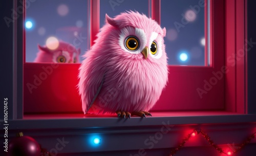 owl christmas A pink owl perches on a red and blue-lit window sill in the room  animal, decoration, season, bird photo