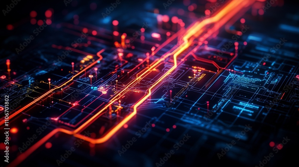 Future style subway map with glowing deep blue and red light, black background, and super realistic 3D rendering effect. Display high-definition resolution, deep tones, and high dynamic range details. Future style subway map with glowing deep blue and red light, black background, and super realistic 3D rendering effect. Display high-definition resolution, deep tones, and high dynamic range details.