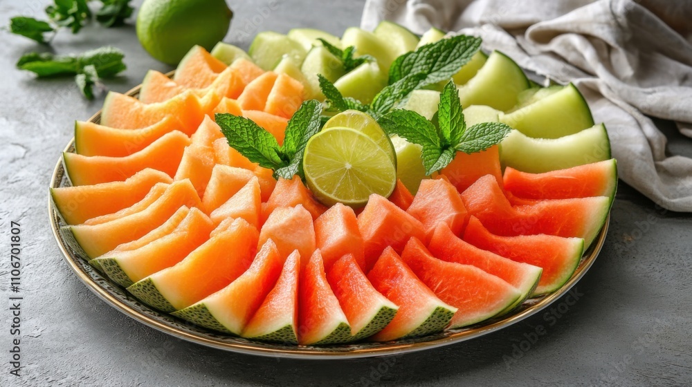 A refreshing platter of sliced watermelon, cantaloupe, and honeydew melon served with a spritz of lime juice A refreshing platter of sliced watermelon, cantaloupe, and honeydew melon served with a spritz of lime juice