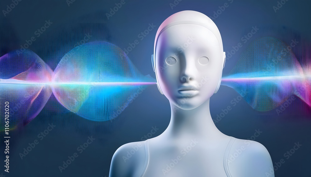 Obraz premium Futuristic speaker emitting holographic soundwaves, 3D illustration. voice, speech, clarity.