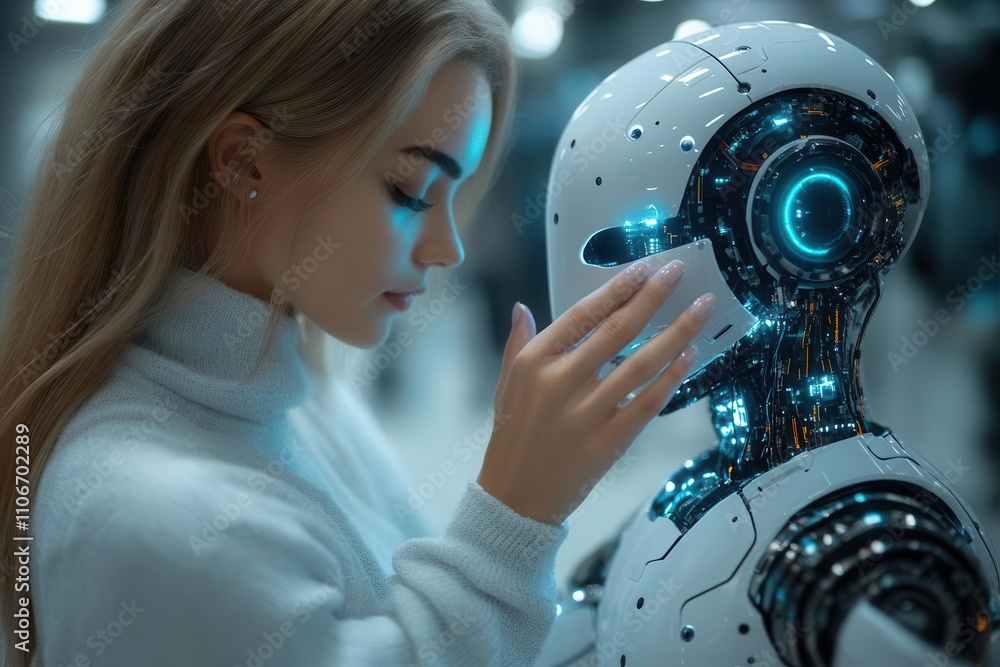Human-AI Connection: Intimate Moment Between Woman and Advanced Android in Futuristic Blue Illumination Human-AI Connection: Intimate Moment Between Woman and Advanced Android in Futuristic Blue Illumination