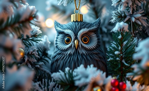 owl christmas Discover the enchanting charm of a decorative owl ornament nestled among snowy christmas trees  animal, decoration, season, bird photo