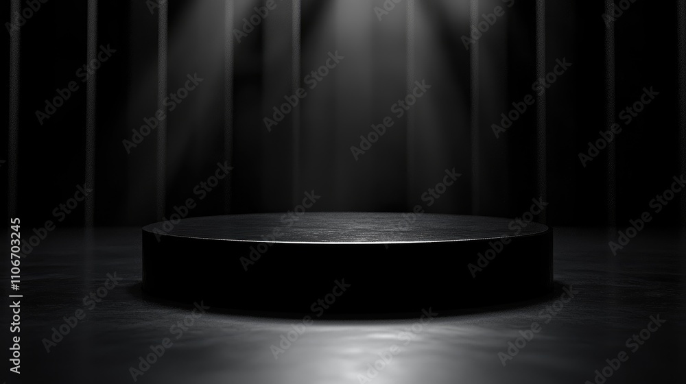 Black Cylindrical Platform with Spotlight in Dark Room Black Cylindrical Platform with Spotlight in Dark Room