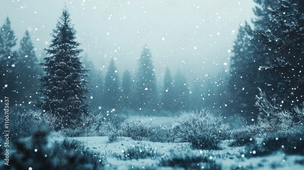 A winter scene with snowflakes falling gently against a backdrop of pine trees and a peaceful snowy landscape A winter scene with snowflakes falling gently against a backdrop of pine trees and a peaceful snowy landscape