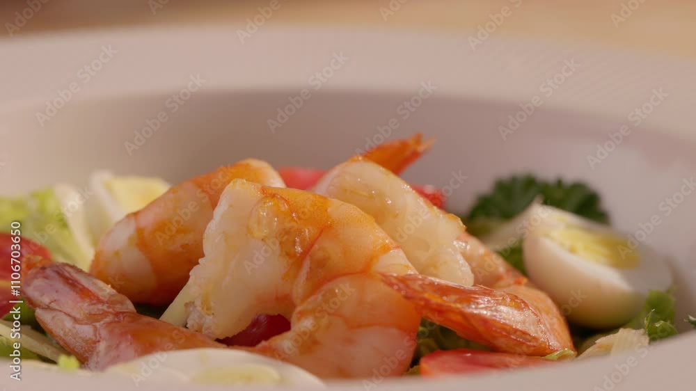 Close-up of a Vibrant and Delicious Salad with Shrimp, Fresh Vegetables, and Eggs, Perfectly Garnished for a Wholesome Meal Close-up of a Vibrant and Delicious Salad with Shrimp, Fresh Vegetables, and Eggs, Perfectly Garnished for a Wholesome Meal