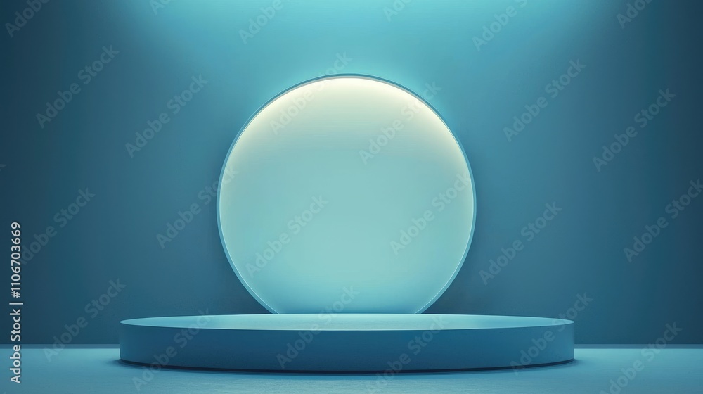 Blue Cylindrical Platform with Oval Shape and Light in a Blue Room Blue Cylindrical Platform with Oval Shape and Light in a Blue Room