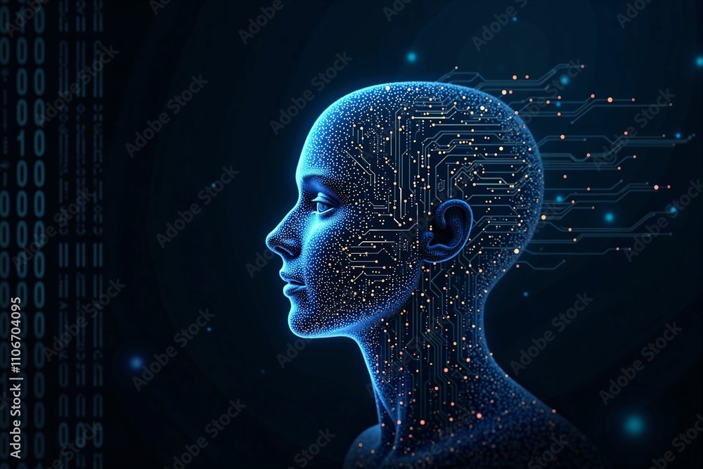 Obraz premium Futuristic Neural Design: Human Face with Digital AI Circuitry in a Glowing Blue Outline