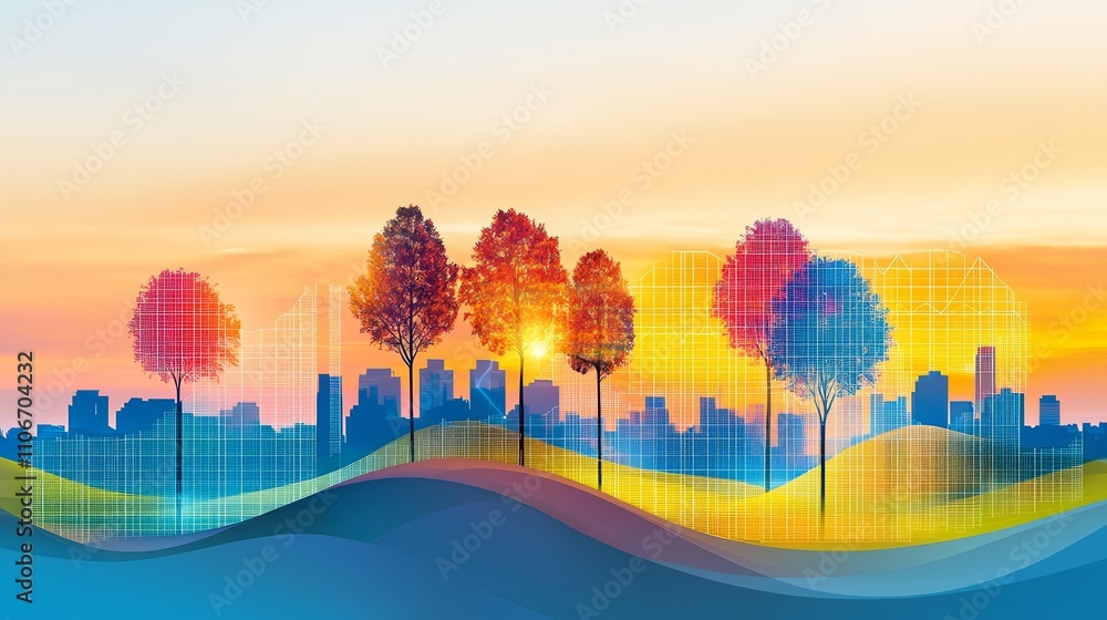 Electricity grid optimization enhances energy efficiency. Digital landscape with vibrant trees and a city skyline at sunset. Electricity grid optimization enhances energy efficiency. Digital landscape with vibrant trees and a city skyline at sunset.