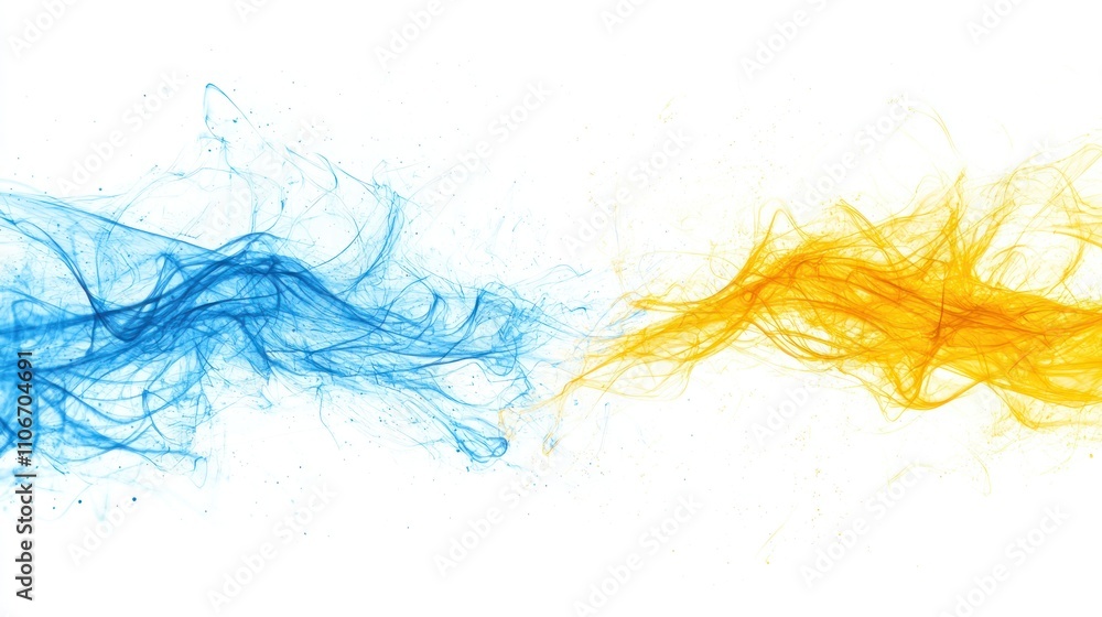 Fototapeta premium Abstract electric currents and sparks in shades of blue and yellow, set against a clean white background