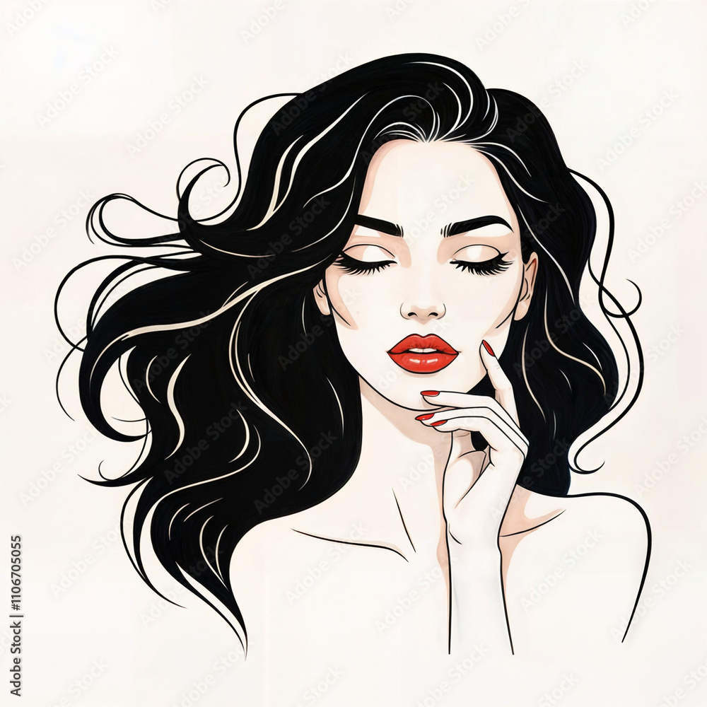 Beautiful sexy face, red lips, hand with red manicure nails, fashion woman, element design, nails studio, curly hairstyle, hair salon sign, icon. Beauty Logo. Beautiful sexy face, red lips, hand with red manicure nails, fashion woman, element design, nails studio, curly hairstyle, hair salon sign, icon. Beauty Logo.