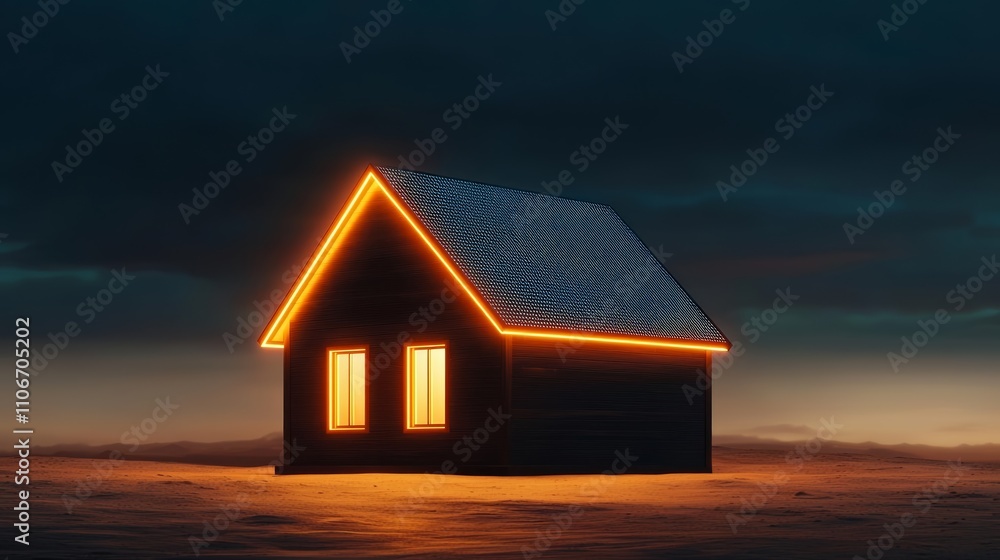Electricity grid optimization enhances energy efficiency. A glowing house against a dark, moody sky creates a cozy atmosphere.