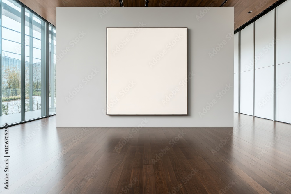 Spacious Art Gallery with Dark Wood Flooring and Blank Wall for Display Spacious Art Gallery with Dark Wood Flooring and Blank Wall for Display