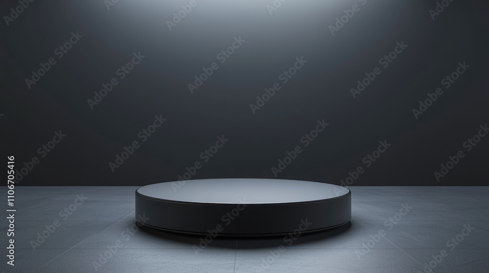 A Single Black Circular Pedestal on a Gray Tile Floor A Single Black Circular Pedestal on a Gray Tile Floor