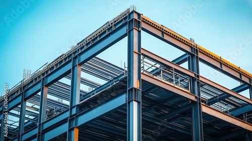 Steel frame building under construction against a blue sky.
