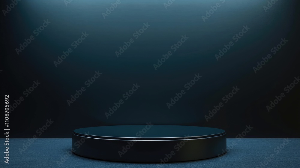 A Black Circular Pedestal on a Dark Blue Surface with a Blue Background A Black Circular Pedestal on a Dark Blue Surface with a Blue Background