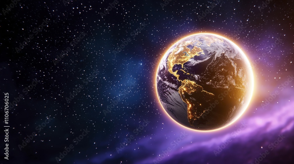 Obraz premium Glowing Earth Night View from Space | Cosmic backgrounds
