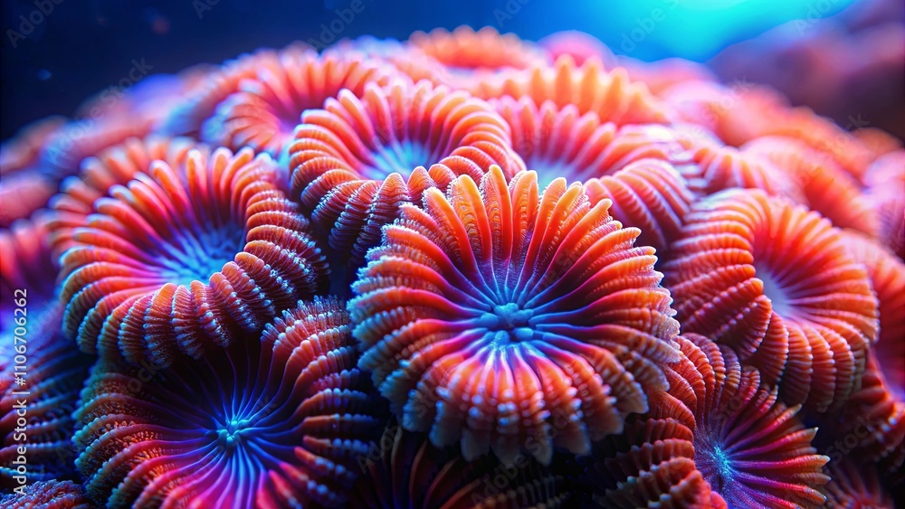 Vibrant coral polyps in an underwater scene, exhibiting intricate details and a mesmerizing array of colors. Vibrant coral polyps in an underwater scene, exhibiting intricate details and a mesmerizing array of colors.