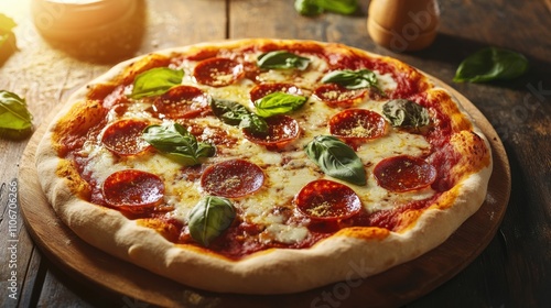 Wallpaper Mural A rustic wood-fired pizza topped with melted mozzarella, pepperoni, and fresh basil leaves Torontodigital.ca