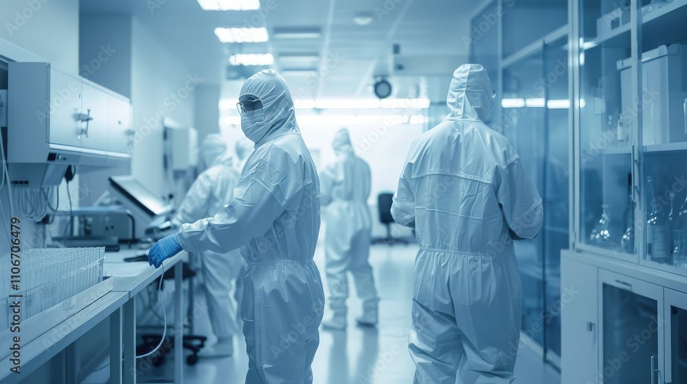 Scientists Working in Sterile Laboratory with Protective Gear Scientists Working in Sterile Laboratory with Protective Gear