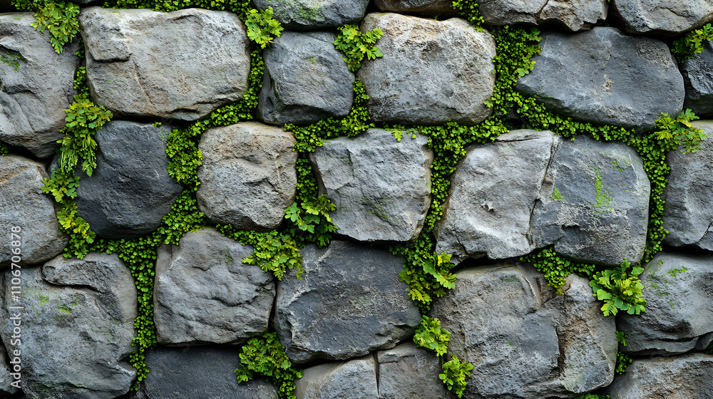 Stone Wall with Green Plants Growing Between Rocks in a Rustic Outdoor Setting

