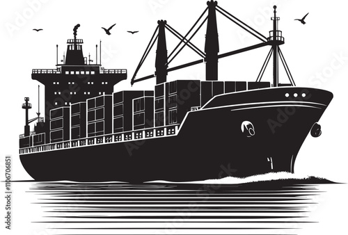 Big container ship silhouette vector illustration isolated on a white background