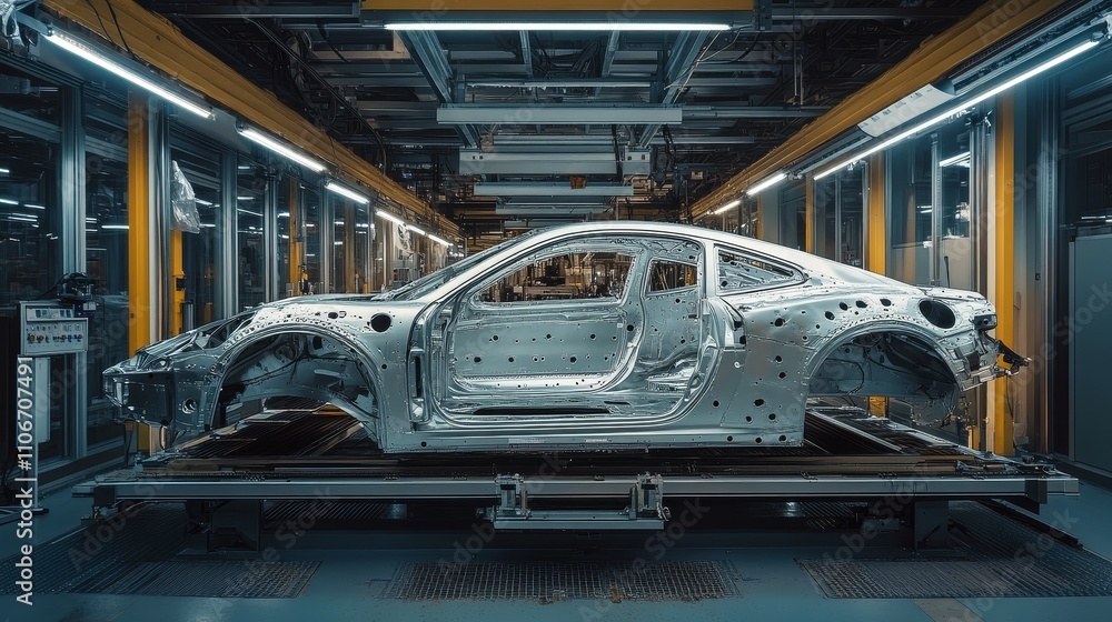 Automated robotic arm assembly line in a car factory manufacturing silver semi-finished cars on a production conveyor. Wide-angle shot of the factory's side view showing the vehicle before painting. Automated robotic arm assembly line in a car factory manufacturing silver semi-finished cars on a production conveyor. Wide-angle shot of the factory's side view showing the vehicle before painting.