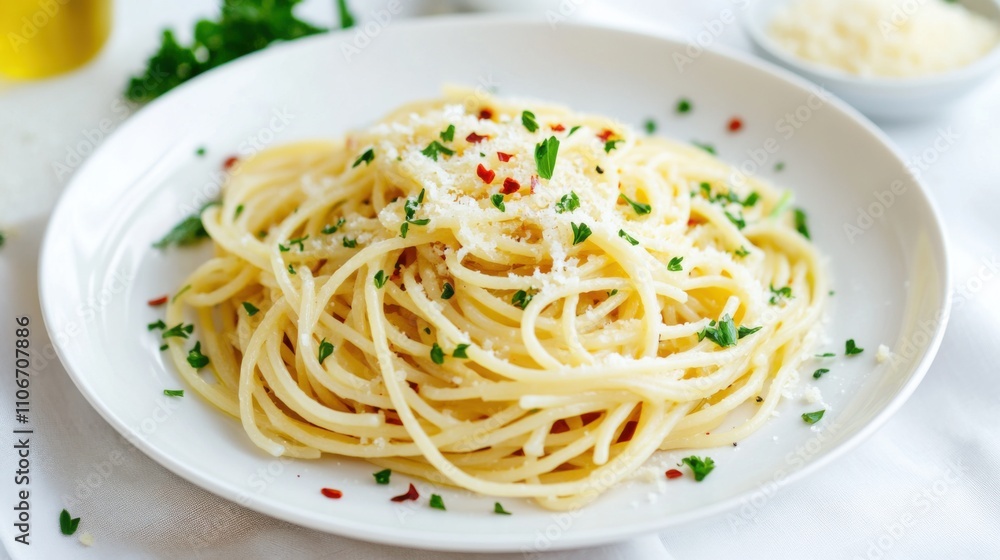 A simple plate of spaghetti aglio e olio, garnished with parsley and red pepper flakes, Minimalist table setting A simple plate of spaghetti aglio e olio, garnished with parsley and red pepper flakes, Minimalist table setting