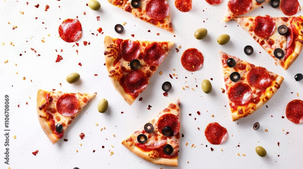 Pepperoni pizza slices and olives in flight on white background. Pepperoni pizza slices and olives in flight on white background.