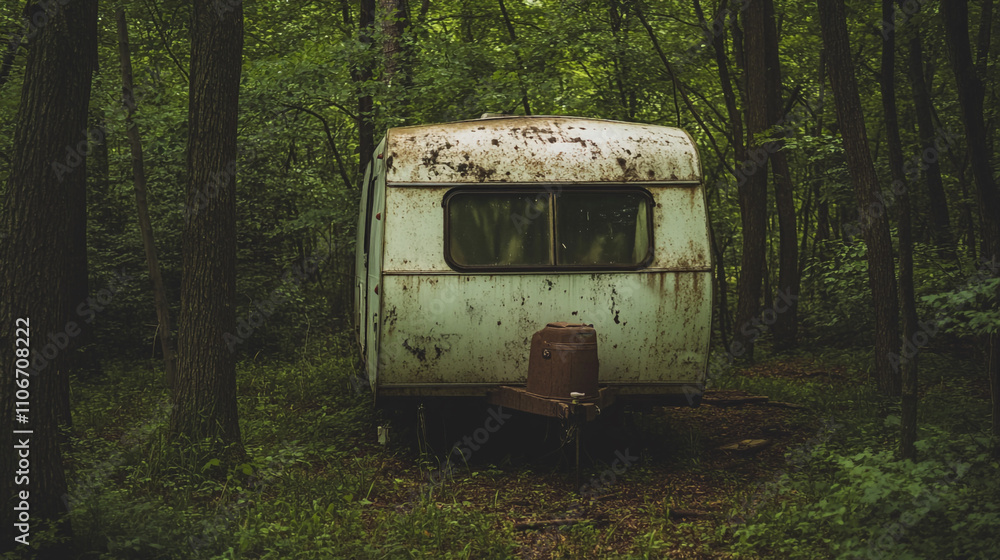 Old caravan resting in a quiet forest surrounded by greenery and trees Old caravan resting in a quiet forest surrounded by greenery and trees