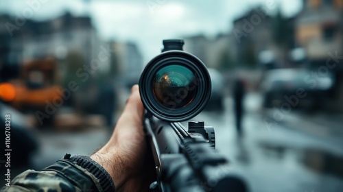 Close-Up View of Military Sniper Scope Targeting Urban Scene with Blurred Background and Reflected Light on Lens in Dramatic Atmospheric Conditions