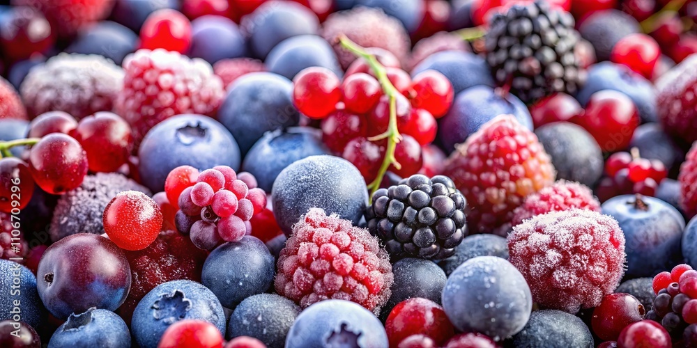 A vibrant mix of frozen berries, including blueberries, raspberries, blackberries, and red currants, coated in a delicate layer of frost. A vibrant mix of frozen berries, including blueberries, raspberries, blackberries, and red currants, coated in a delicate layer of frost.