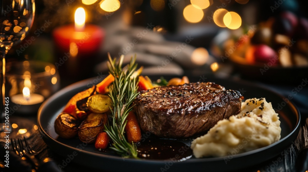 Fototapeta premium A sizzling steak cooked to perfection, served with roasted vegetables and mashed potatoes, Steak plate centered