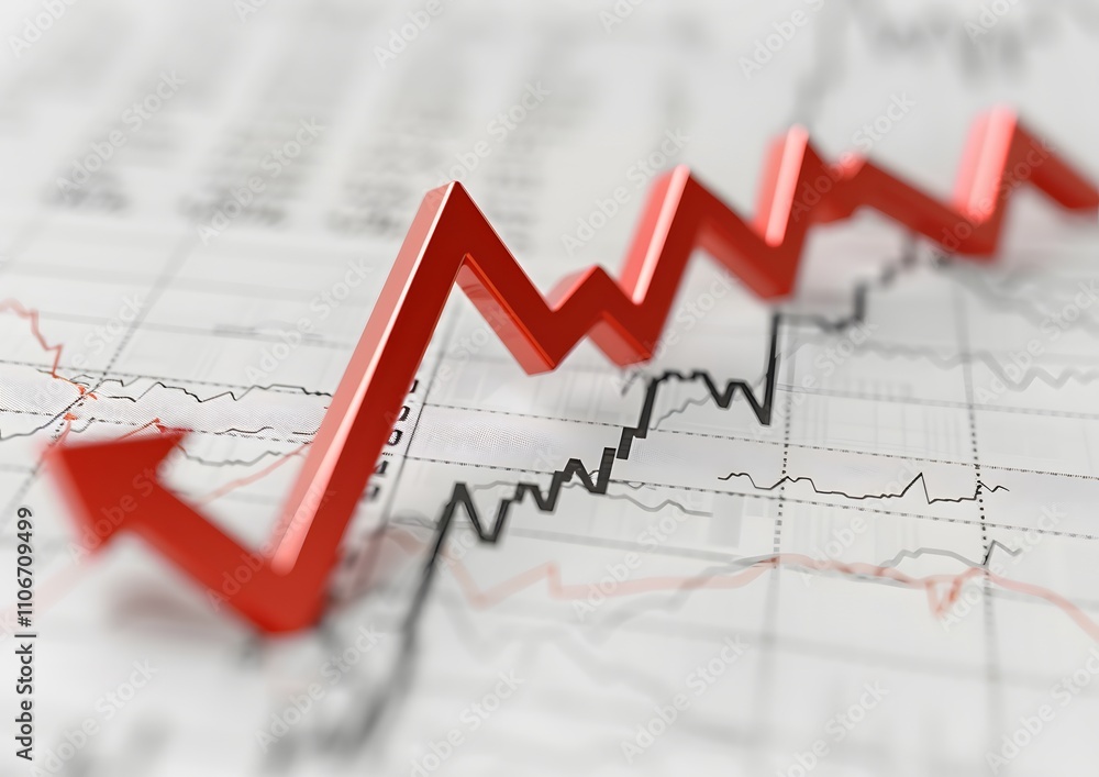 A 3D red arrow dramatically points downwards against a backdrop of fluctuating financial charts. A visual representation of market decline. A 3D red arrow dramatically points downwards against a backdrop of fluctuating financial charts. A visual representation of market decline.