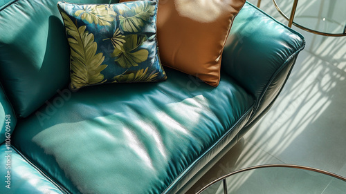 Aesthetic Texture of Elegant Teal Leather Armchair/Sofa. Interior Design/Lifestyle. photo