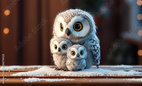 owl christmas Cute winter owl family mother with one child macro on brown wooden table close up  animal, decoration, season, bird photo