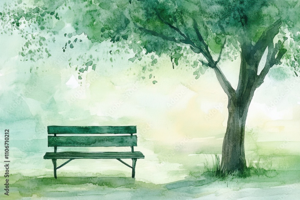 Watercolor painting of a park bench under a tree. Perfect for peace, tranquility, and nature themes. Watercolor painting of a park bench under a tree. Perfect for peace, tranquility, and nature themes.