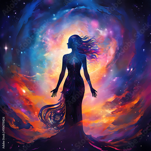 a vibrant silhouette of a meta human goddess spirit stands against a cosmic galaxy backdrop radiati photo