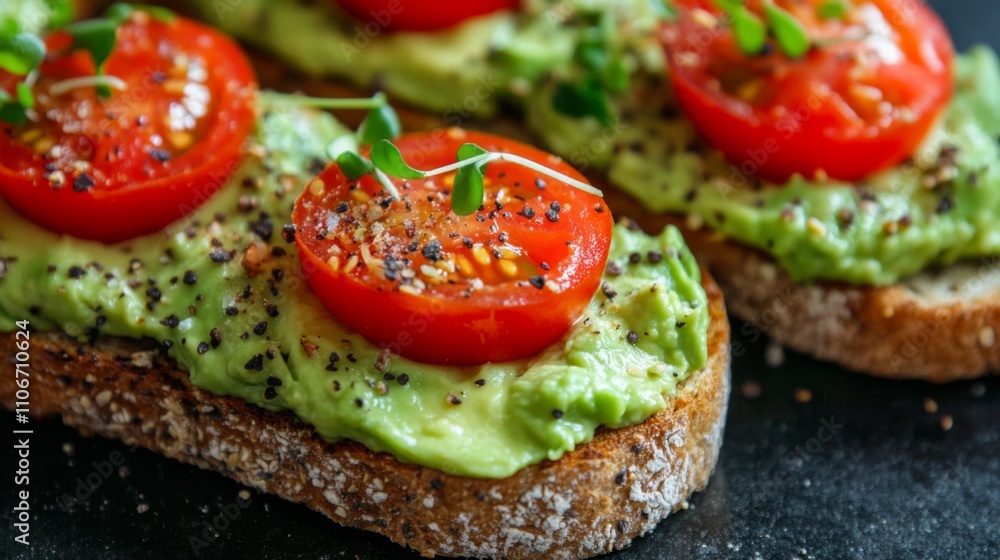 Close-up of Avocado Toast with Cherry Tomato and Microgreens Close-up of Avocado Toast with Cherry Tomato and Microgreens
