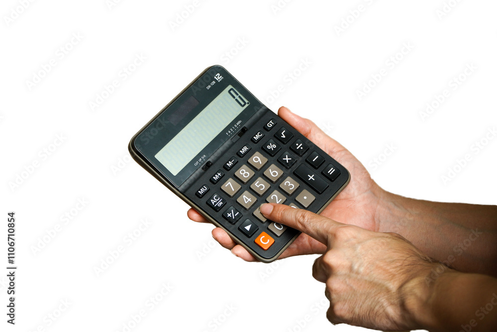 Man pressing a calculator,business document and laptop computer notebook Man pressing a calculator,business document and laptop computer notebook