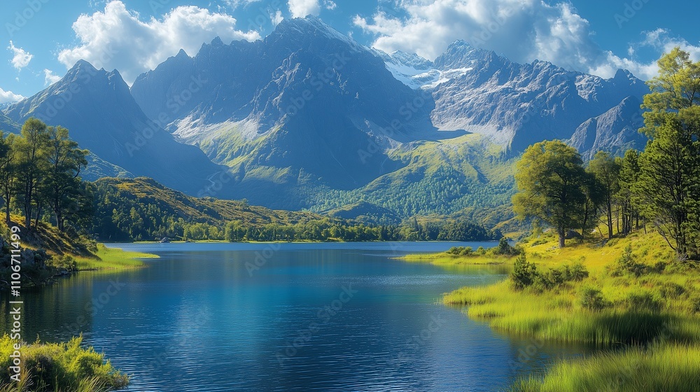 Beautiful natural landscape view a lake mountains in the background Beautiful natural landscape view a lake mountains in the background