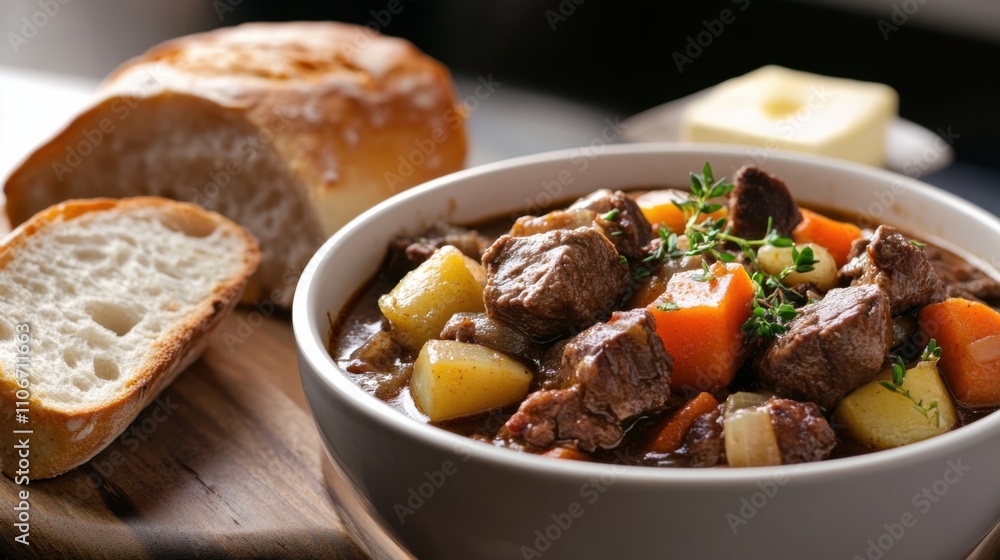 A steaming bowl of hearty beef stew brimming with tender chunks of meat and colorful vegetables, Bowl centered, Soft overhead lighting enhancing the rich colors A steaming bowl of hearty beef stew brimming with tender chunks of meat and colorful vegetables, Bowl centered, Soft overhead lighting enhancing the rich colors