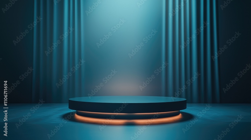 Illuminated Circular Platform with Blue Drapes and Light Illuminated Circular Platform with Blue Drapes and Light