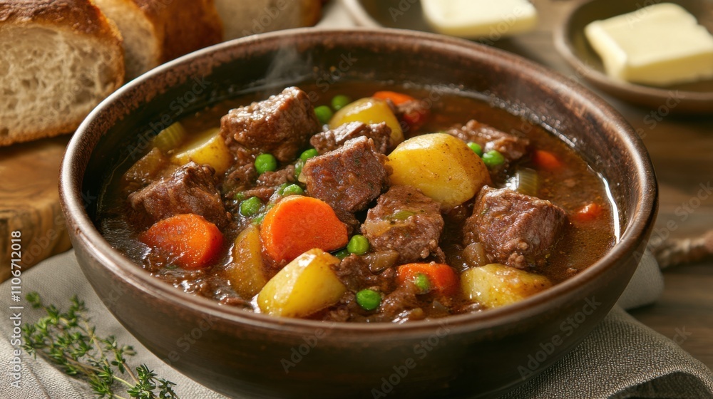 A steaming bowl of hearty beef stew brimming with tender chunks of meat and colorful vegetables, Bowl centered, Soft overhead lighting enhancing the rich colors A steaming bowl of hearty beef stew brimming with tender chunks of meat and colorful vegetables, Bowl centered, Soft overhead lighting enhancing the rich colors